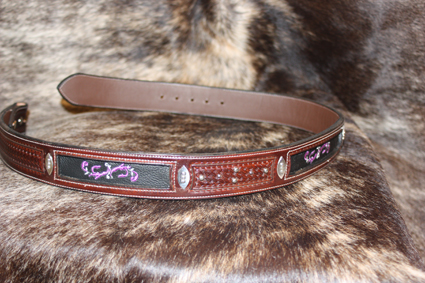 leather western belt with embroidered underlay, silver plates, and a split basket stamp pattern