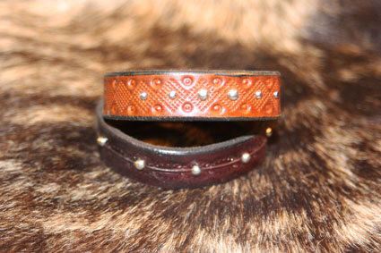 leather bracelet with stamped pattern and nickle spots